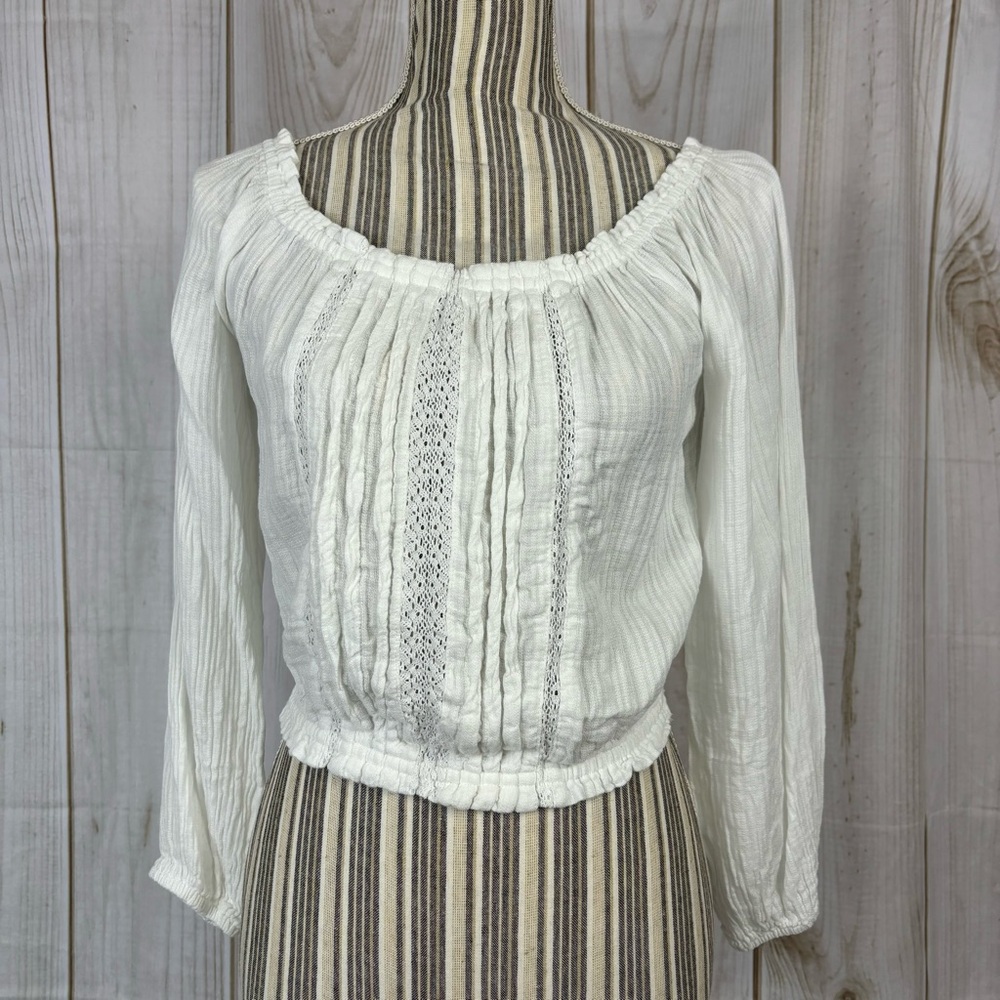 Aeropostale Long Sleeve Cropped Top Sheer Lace Off Shoulder Blouse White Size SM